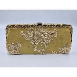 Vintage Mid-Century Beaded Lace Embroidered Clutch Evening Bag Gold Tone purse